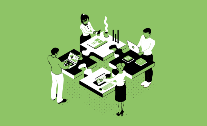 A green illustration of people working on tables shaped like puzzle pieces that fit together