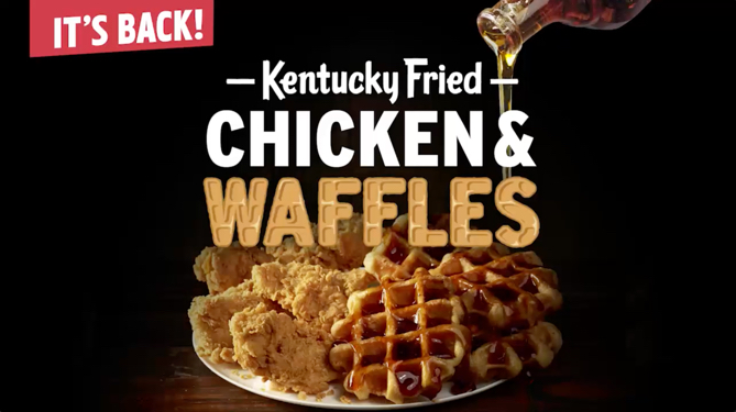 Picture of chicken and waffles being covered in syrup and text that read Kentucky Fried Chicken & Waffles